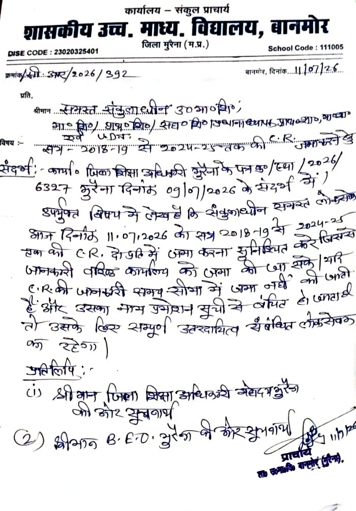 मुरैना : स्पष्ट निर्देशों के अभाव में C.R. FORM बनवाने के लिए विद्यालयों से पढ़ाई छोड़कर शिक्षक हो रहे परेशान। अधिकारियों का नहीं है इस ओर ध्यान।