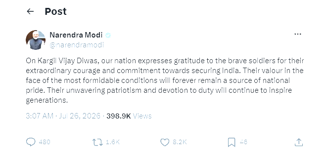 Prime Minister expresses gratitude to brave soldiers on Kargil Vijay Diwas